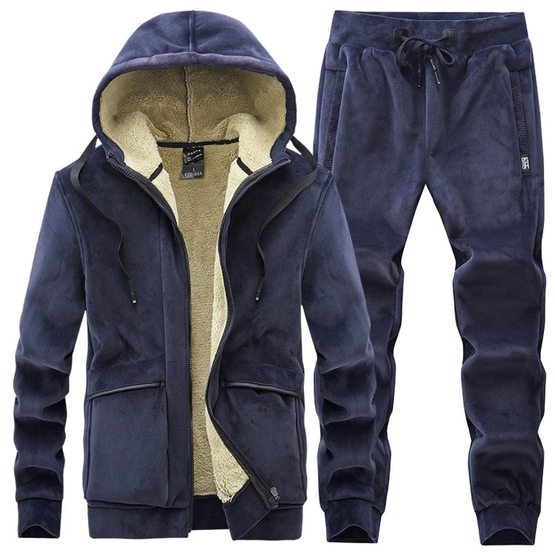 Male Thick Fleece Hooded Sport Zipper Tracksuit