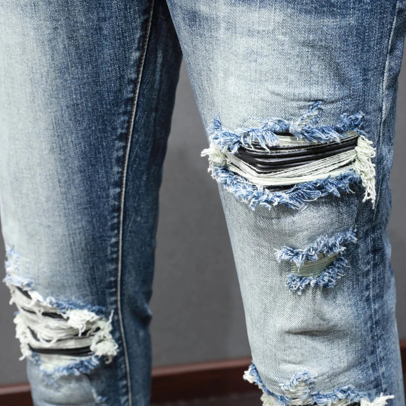 Street Fashion Men Retro Blue Stretch Skinny Ripped Denim Jeans