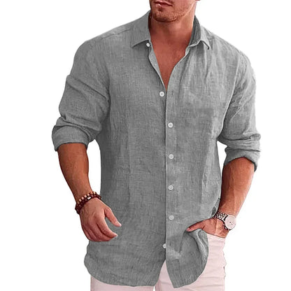 Cotton Linen Men's Long Sleeve Shirt Solid Color