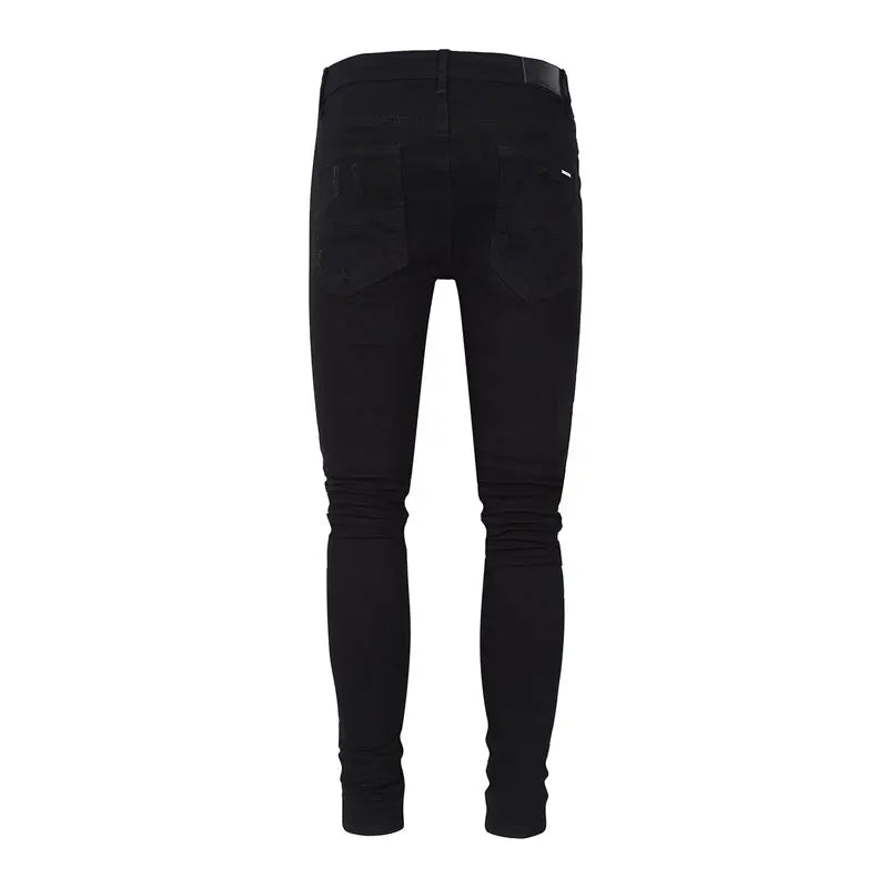 High Street Fashion Men Jeans Black Stretch Skinny Fit Ripped Jeans