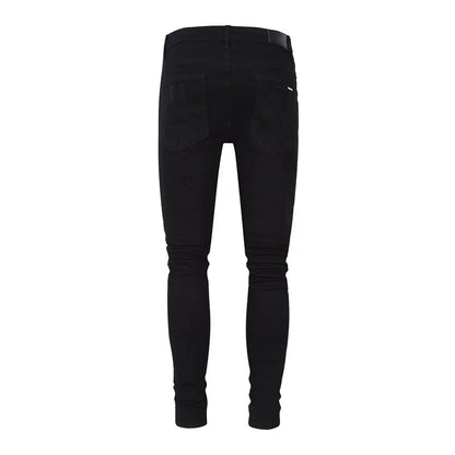 High Street Fashion Men Jeans Black Stretch Skinny Fit Ripped Jeans