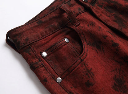 Brand Mens High Quality Slim Tie dye Snow Wash Brick Red Denim