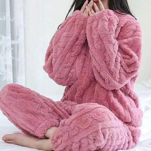 Women Solid Warm 2 Piece Thicken Velvet Ribbed Fleece Set