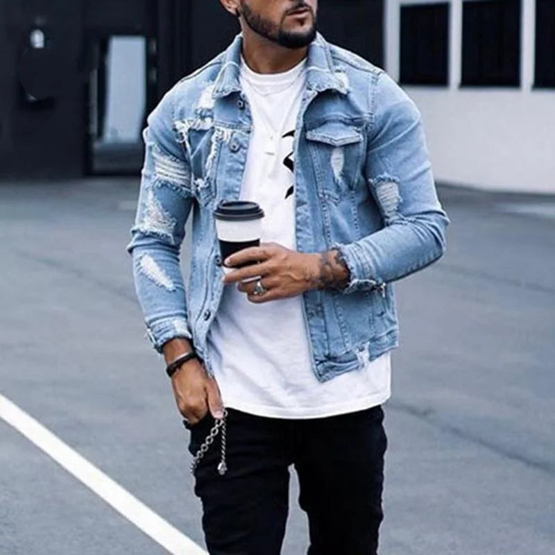 Men Denim Hole Ripped Jeans Jacket