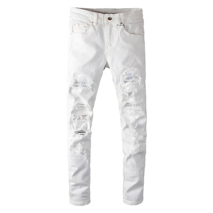 Men's White Crystal Holes Ripped Slim Skinny Jeans