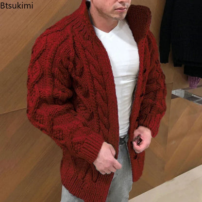 New 2024 Men's Warm Coat Cardigan Sweater Stretchy Long