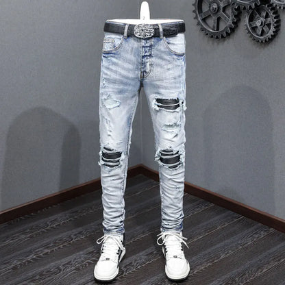 Street Fashion Men Retro Blue Stretch Skinny Ripped Denim Jeans