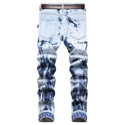 Men Pleated Stars Patch Tie and Dye Stretch Denim