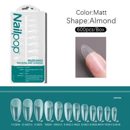 Nailpop 600pcs PRO Fake Nails Semi-Matte Almond Coffin Full/Half