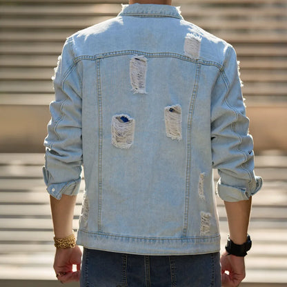 New Men Holes Slim Denim Jacket