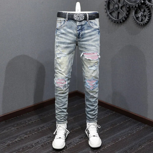 Street Fashion Men Retro Blue Stretch Skinny Ripped Denim Jeans