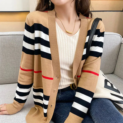 Plaid Cardigan Knitted Cashmere Sweater