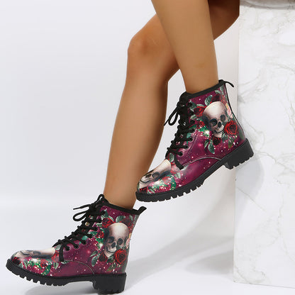 Shoes Rose Flower Print Lace-up Ankle Boots Women