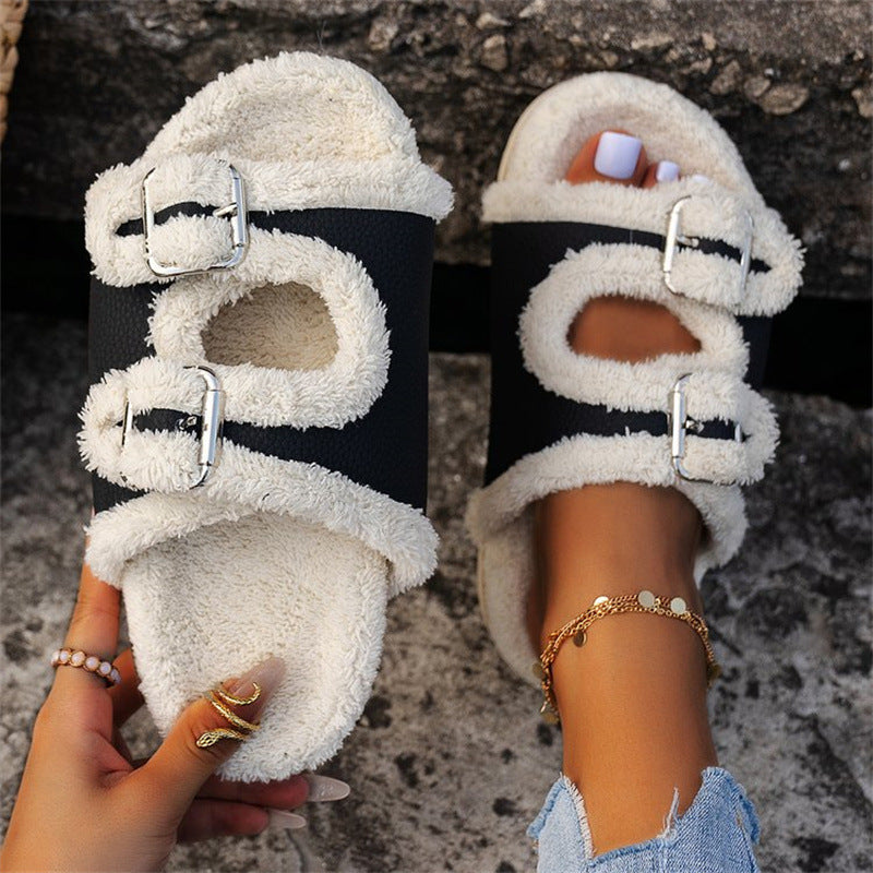 Women Thick Sole Buckle Lamb wool Slippers