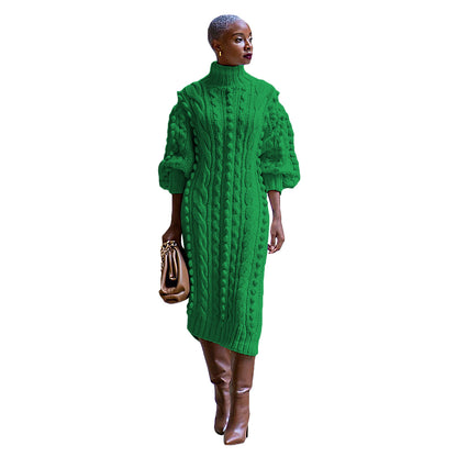 Women's Clothing Casual Turtleneck Slit Knitted Long Dress