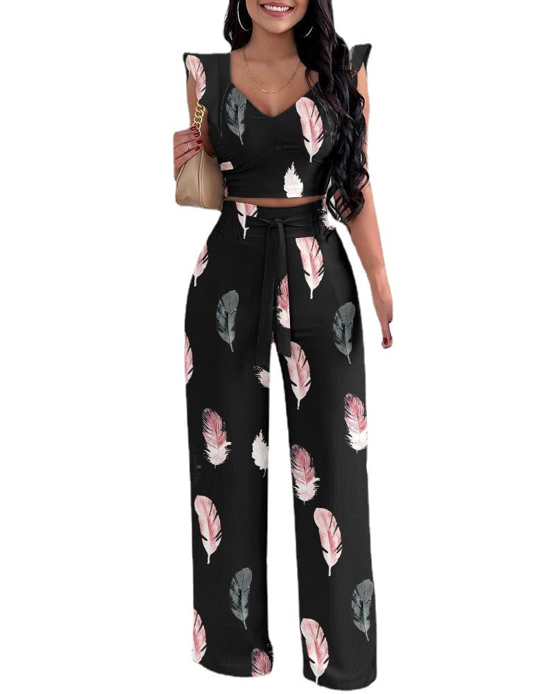 Monsoon Temperament Women's Printed Polyester Trousers Sleeveless Fashion Casual Set