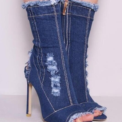 Denim Runway Peep Toe Ankle Boots