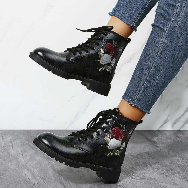 Shoes Rose Flower Print Lace-up Ankle Boots Women