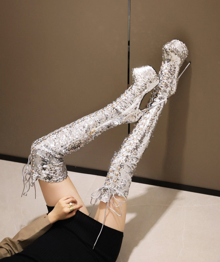 Super High Heels Stiletto Over-the-knee Boots Sequined Prism Boots
