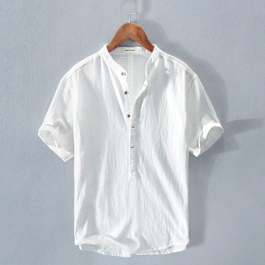 Men's Stand Collar Ice Silk Linen Short Sleeve T-shirt