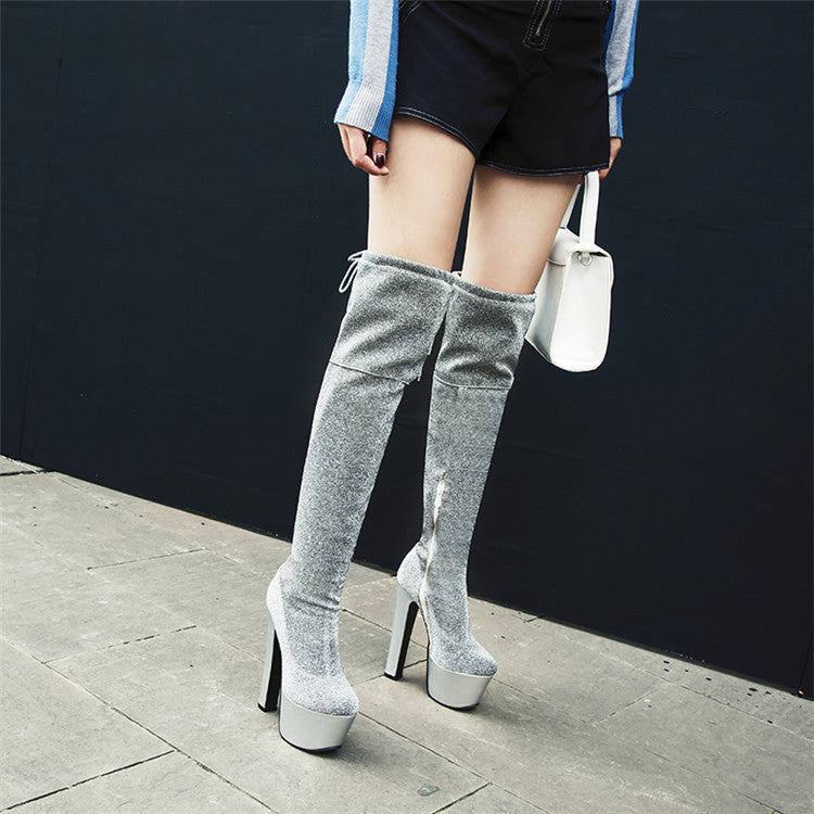 Women Thigh High Sequined Cloth Long Boots
