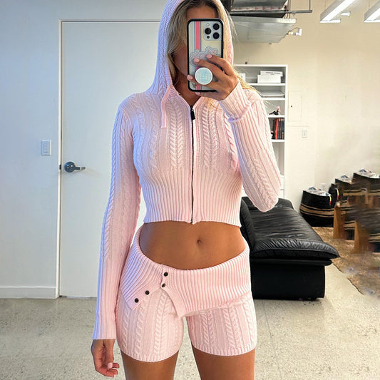 Sweater Knitted Hooded Top Shorts Long Sleeve Two-piece Set