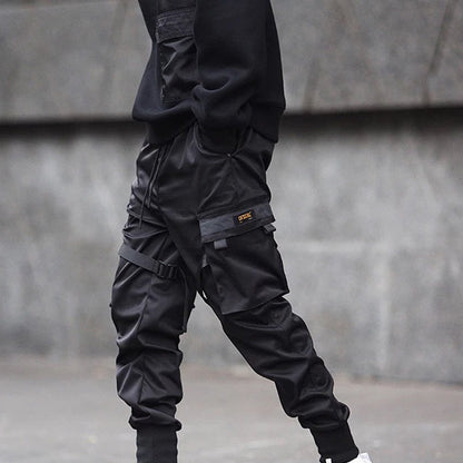 Men Black Cargo Elastic Waist Jogger Trousers Pants