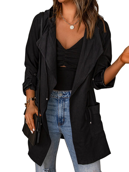Solid Color Drawstring Hooded Long Sleeve Jacket